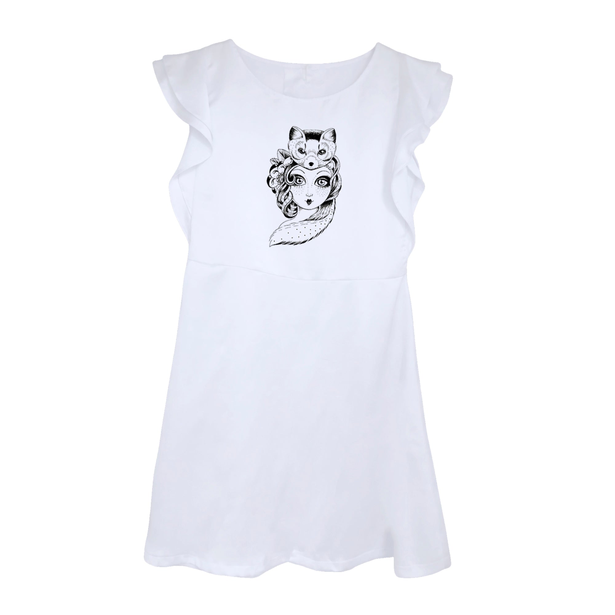 Vestido Blanco con Ilustración y Volantes